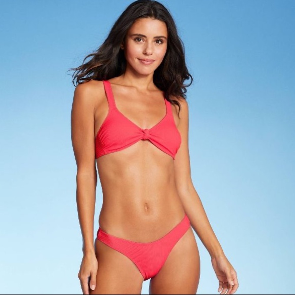 NWT Coral Pink Ribbed Knot Bikini Top And Hipster Bottoms Size XL
